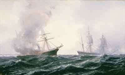 A ship on fire at sea with another standing by by Romanticism