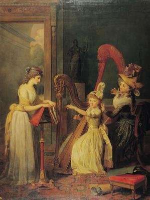 Harp lesson given by Madame de Genlis to Mademoiselle dOrleans with Mademoiselle Pamela Turning the Pages 1842 by Romanticism