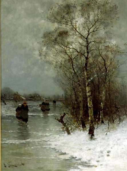 Girls Walking on a Frozen River by Romanticism