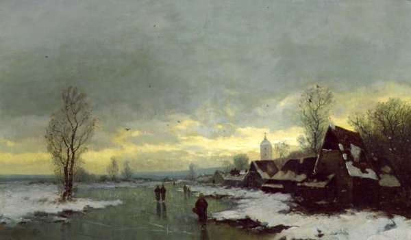 People Walking on a Frozen River by Romanticism