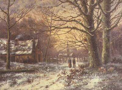 Figures on a path before a village in winter by Romanticism