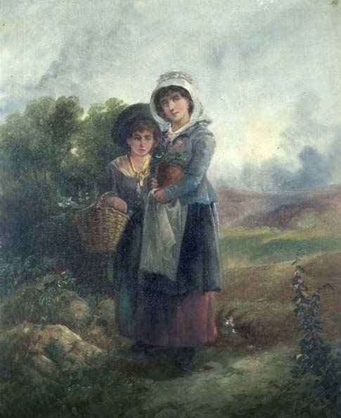 Two country girls carrying flowers by Romanticism