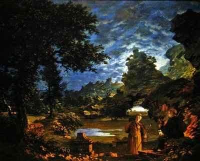 Monks with a Lantern in a Rocky Moonlit Landscape by Romanticism