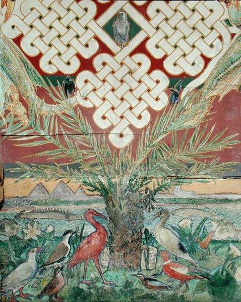 Detail of the frieze around the upper walls of the Long Gallery, showing Renaissance white vine interlace alongside birds of the eastern world by Romanticism