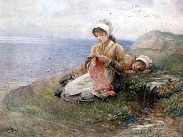 Girl knitting by Romanticism