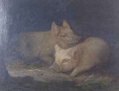 Two Prize Pigs in an Interior by Romanticism