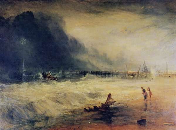Lifeboat and Manby Apparatus going off to a stranded vessel making signal blue lights of distress , c.1831 by Romanticism