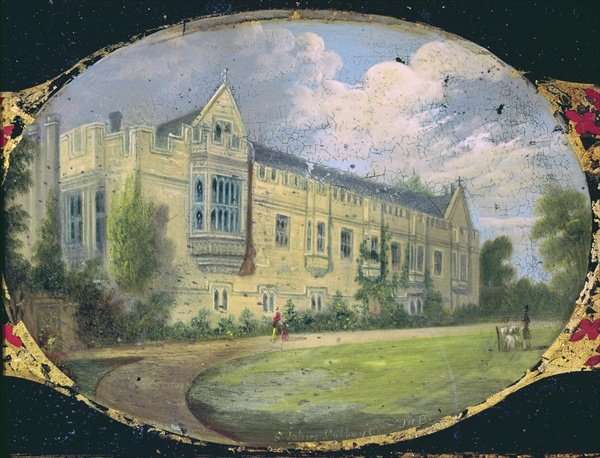 Victorian sewing box panel decorated with an oval cameo of St Johns College gardens by Romanticism