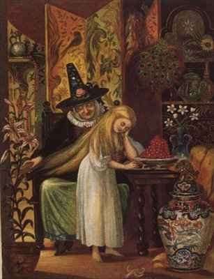 The Old Witch combing Gerdas hair with a golden comb to cause her to forget her friend in 'The Snow Queen from Hans Christian Andersens Fairy Tales by Romanticism