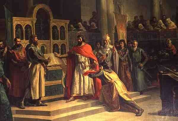 The Oath of Santa Gadea El Cid Campeador extracts an oath from Alfonso VI the King of Castille that in the Year 1072 he had no part in the murder of his brother Sancho II by Romanticism