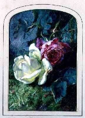 Roses and a ladybird on a mossy bank by Romanticism