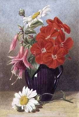 Geraniums and Fuchsias in Glazed Purple Jug by Romanticism