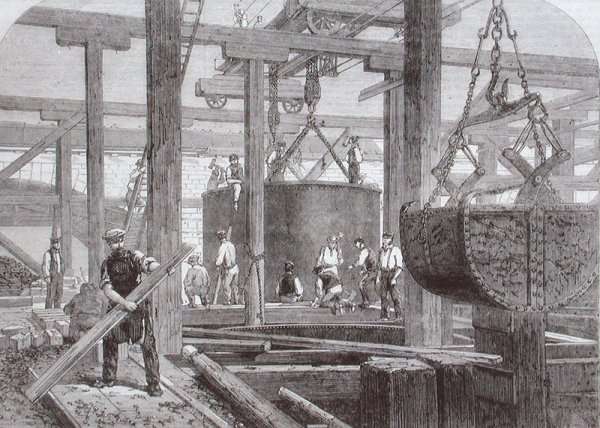 View of construction work taking place at Blackfriars Bridge for the London Chatham and Dover Railway showing the sinking of a cylinder for one of the circular stone piers by Romanticism