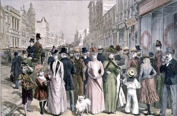 The Block in Collins Street, Melbourne, from a sketch by Melton Prior 1845-1910, engraved by P. Naumann for the Illustrated London News, 4th January 1890 by Romanticism