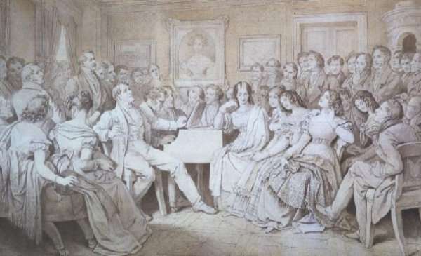 An Evening at Baron von Spaun's: Schubert at the piano among his friends, including the operatic baritone Heinrich Vogl 1845-1900 by Romanticism