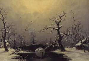 Skaters in a frozen winter landscape by Romanticism