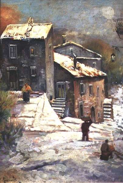 Figures in a Snowy Village by Romanticism