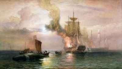South Sea whalers boiling blubber, with whale alongside by Romanticism