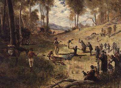 Bushrangers holding up coach passengers 1894 by Romanticism