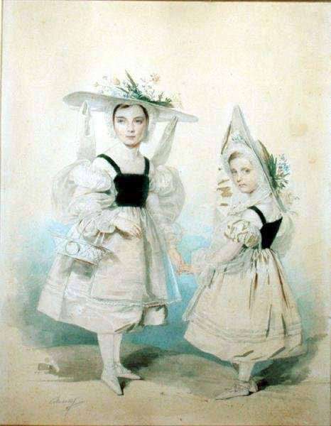 Portrait of the Grand Princesses Olga and Alexandra in Fancy Dress, 1830s by Romanticism