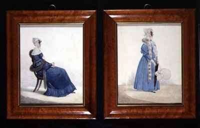 Two portraits of a Seated and a Standing Lady in Blue Dresses by Romanticism