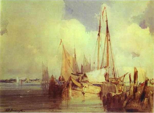 French River Scene With Fishing Boats by Romanticism