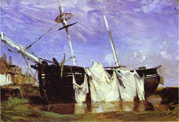 A Boat Beached In A Port At Low Tide by Romanticism