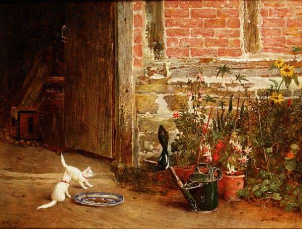 Two White Kittens in a Garden by Romanticism