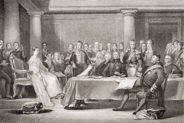 Queen Victoria's first Council, Kensington Palace, 21 June 1837, from llustrations of English and Scottish History Volume II by Romanticism