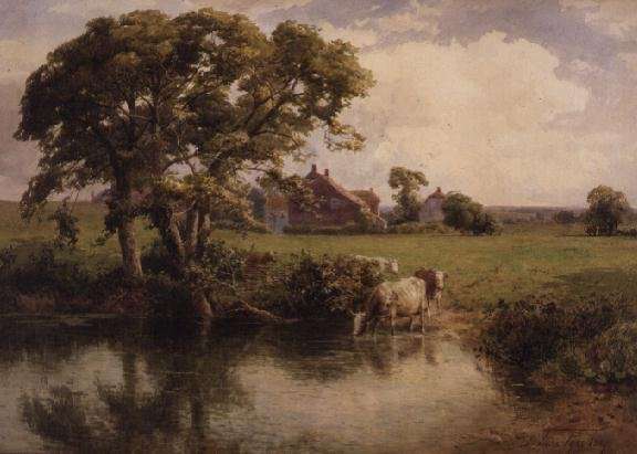 Cattle watering near a farmhouse by Romanticism