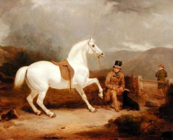 Mr. Johnstone King's Grey Shooting Pony Waiting with a Groom on a Scottish Moor, 1835 by Romanticism
