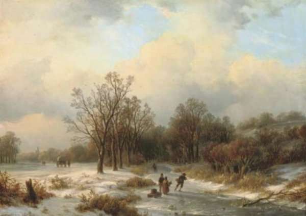 A sunlit winter landscape with villagers on a frozen waterway by Romanticism