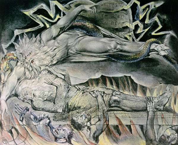 Illustrations of the Book of Job- Job's Evil Dreams, showing Job's God, who has become Satan with cloven hoof and entwined by a serpent 1825 by Romanticism