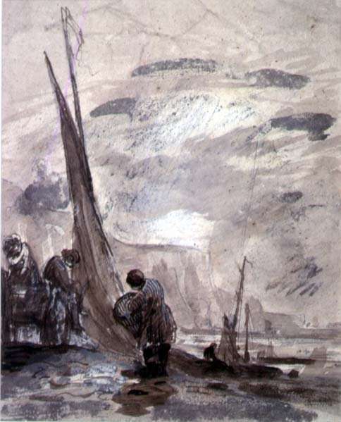 Figures with Cart and Boats on the shore, near cliffs by Romanticism