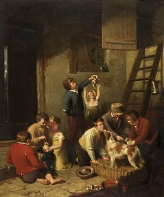 Children Playing with Puppies by Romanticism