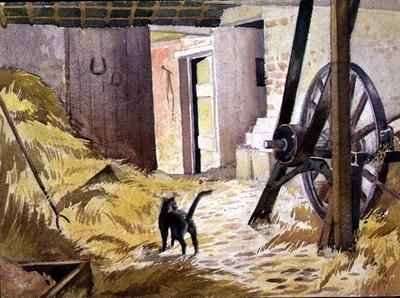 A Barn with cat and agricultural machinery by Romanticism