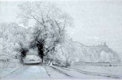 Road bordering meadows and a castle by Romanticism