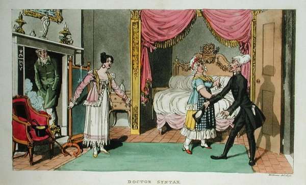 Doctor Syntax Looking at Lodgings, from The Tour of Doctor Syntax through London, or the Pleasures and Miseries of the Metropolis. A Poem, published 1820 by Romanticism