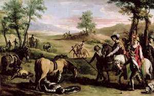 Don Quixote falls from his horse in front of the Dukes