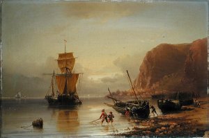 Vessels in Choppy Water off a Coastline