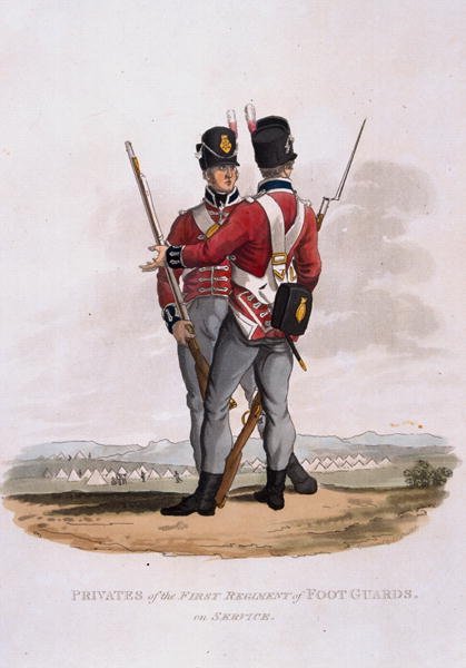 Privates of the First Regiment of Foot Guards on Service, from Costumes of the Army of the British Empire, according to the last regulations 1812, engraved by J.C. Stadler, published by Colnaghi and Co. 1812-15