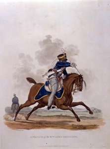 A Corporal of the 10th, or Prince of Waless Own Royal Hussars in Review Order, from Costumes of the Army of the British Empire, according to the last regulations 1812, engraved by J.C. Stadler, published by Colnaghi and Co. 1812-15