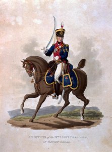 A Corporal of the 10th, or Prince of Waless Own Royal Hussars in Review Order, from Costumes of the Army of the British Empire, according to the last regulations 1812, engraved by J.C. Stadler, published by Colnaghi and Co. 1812-15