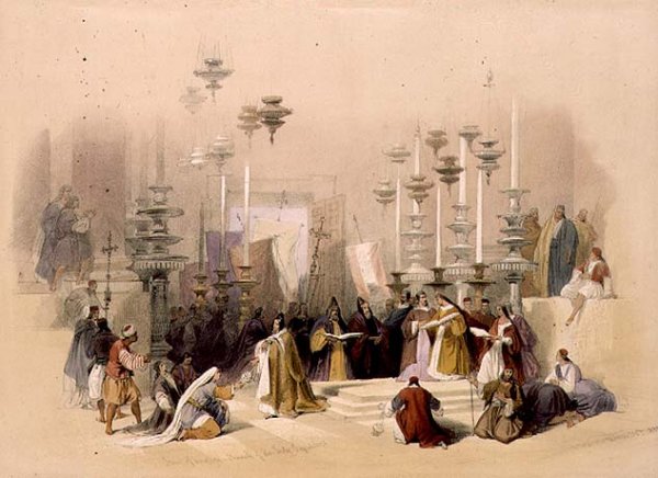The Stone of Unction, Church of the Holy Sepulchre, March 30th 1839, plate 19 from Volume I of 'The Holy Land, engraved by Louis Haghe 1806-85 pub. 1842