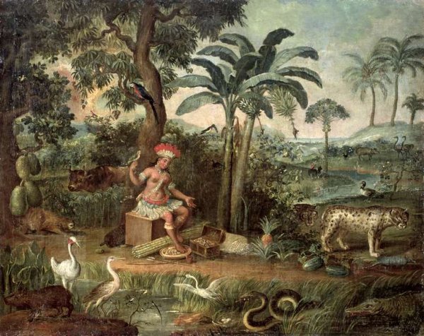Native Indian in a landscape with animals