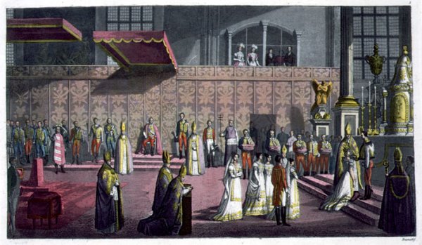 The Primate of Hungary crowning the Queen in the Collegiate Church, Westprim, Hungary