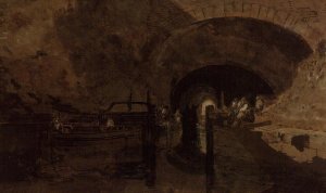 Men and barges at tunnel entrance