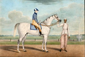 Racehorse with jockey up and groom, Calcutta