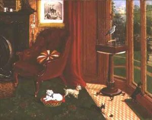 Interior with terriers and a parrot in a cage