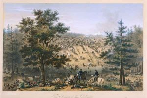 Expansive Civil War view of long supply trains approaching and crossing a stream